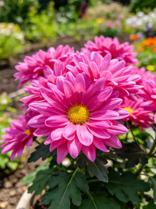 粉色菊花的花瓣呈现渐变色彩,黄色花蕊清晰,花瓣边缘微微卷曲。