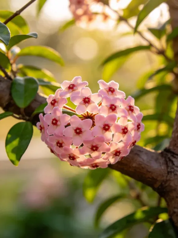 球兰的球形花簇由淡粉色花瓣和红色花蕊构成,生长在深褐色树枝上,周围有绿色叶片环绕。