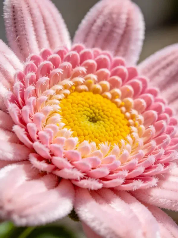 粉色绒边雏菊特写镜头,中心为密集黄色小花组成的圆形花盘,花瓣带有绒毛质感。