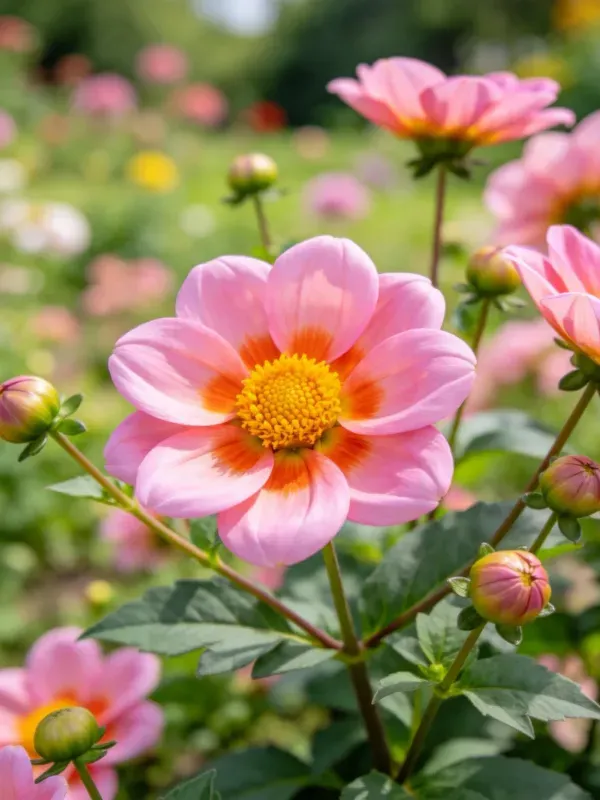 花园中绽放的大丽花花朵景象