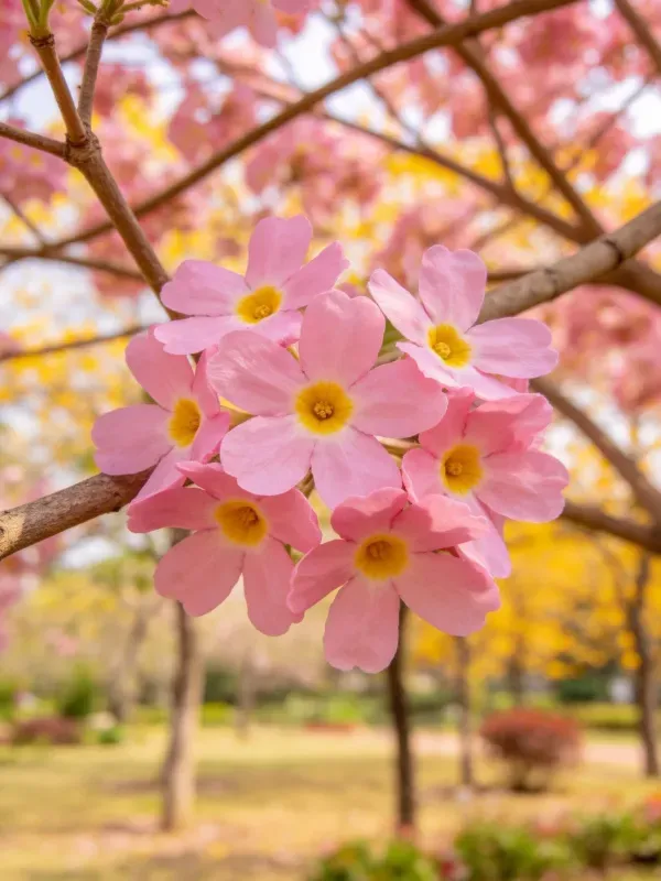 报春花呈粉红色,花瓣边缘微微卷曲,中心有明亮的黄色花蕊,生长在树枝上形成密集花簇。