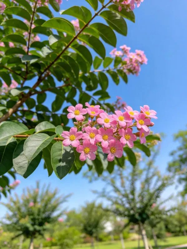 紫薇花开,淡粉花朵,中心为明黄色花蕊,绿叶繁茂,背景是澄澈蓝天。