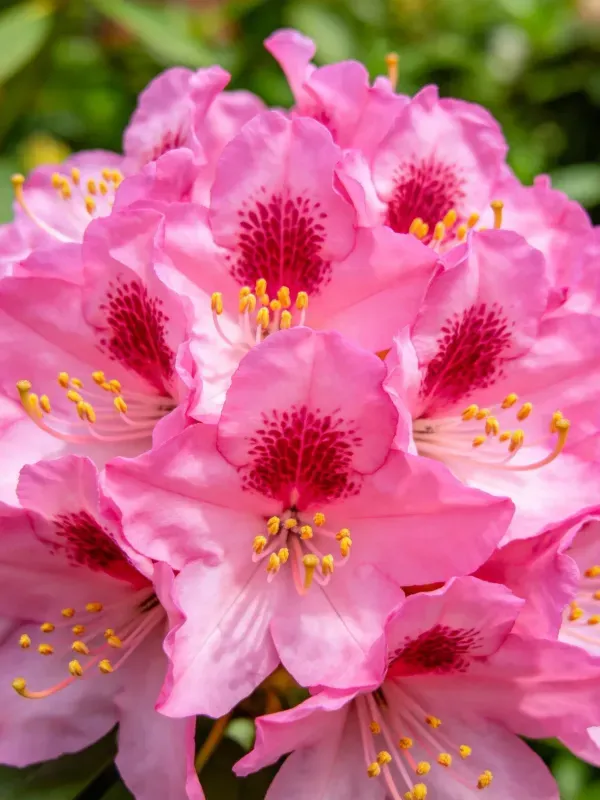 杜鹃花呈现出明亮的粉红色花瓣，中心带有深红色斑纹，黄色的雄蕊清晰可见。