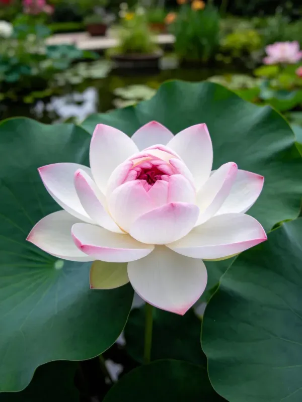 荷花花瓣洁白边缘带粉色,花蕊呈深红色,生长在池塘荷叶之间。