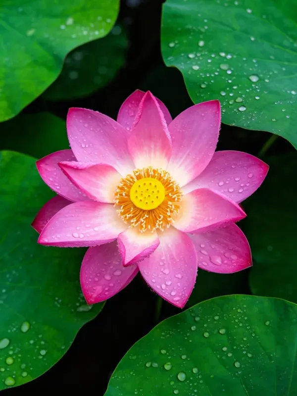 粉色荷花带有晶莹水珠,花瓣呈渐变粉红色,中心为明黄色花蕊。