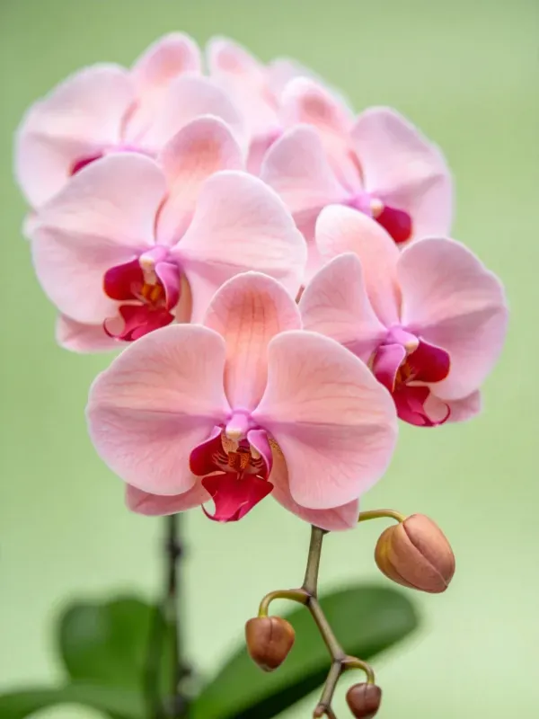 图中展示了粉色蝴蝶兰花朵，花瓣为淡粉色，花蕊处有深红色区域，花朵表面光滑有光泽。