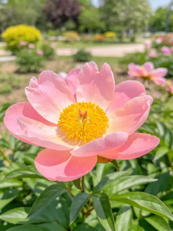 粉色牡丹绽放着,其中心黄色的雄蕊与浅粉色花瓣形成鲜明对比,花瓣边缘微微卷曲,展现出典型的园艺观赏植物特征。