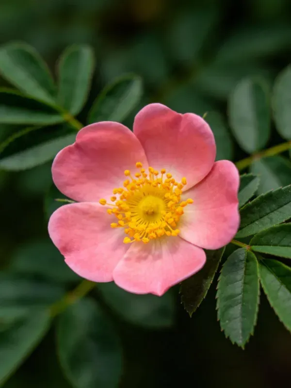 野蔷薇花朵中心黄色的雄蕊清晰可见,花瓣呈淡粉色,叶片为绿色羽状复叶。