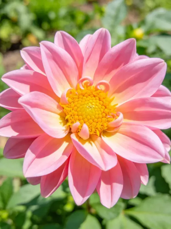 大丽花的花瓣呈现出柔和的粉色调,中心是明亮的黄色花蕊,花瓣边缘带有淡黄色渐变效果。