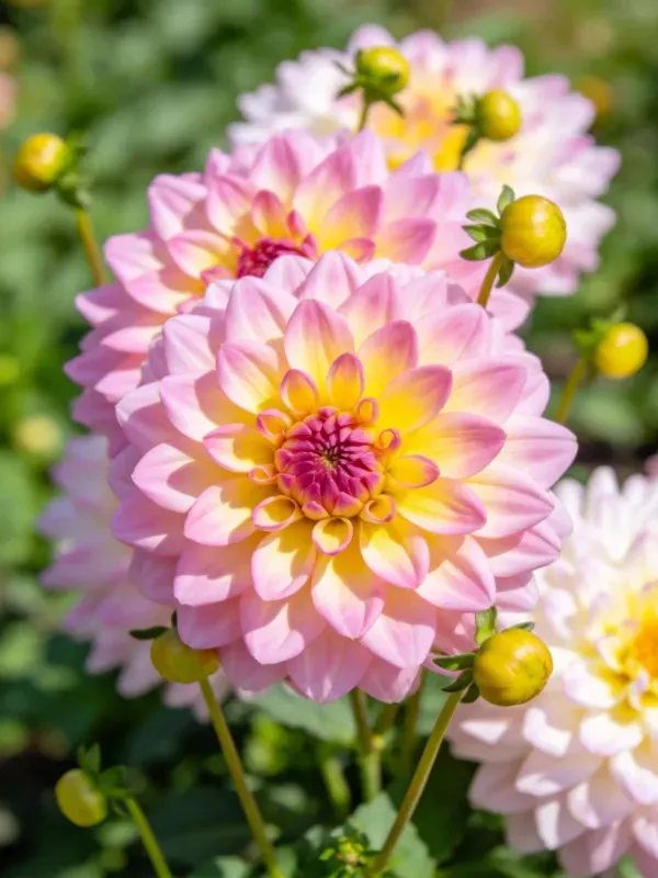 大丽花花瓣呈现粉黄渐变色彩，中心有深红色花蕊，生长于露天花园环境中。