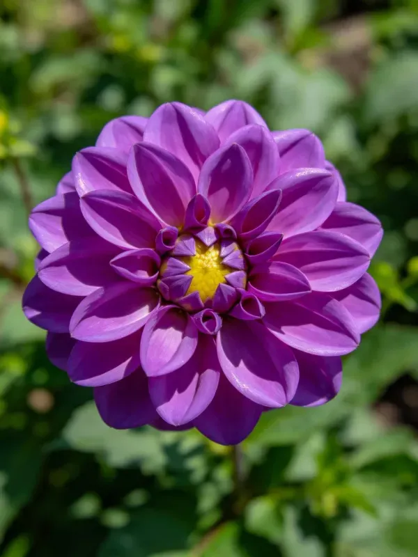 花园中的一朵紫色大丽花，花瓣为浓郁紫色，中心是明亮黄色花蕊，花瓣表面有细腻光泽。