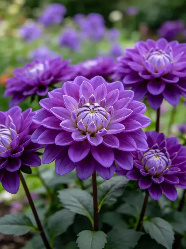 紫色大丽花盛开于花园景致中