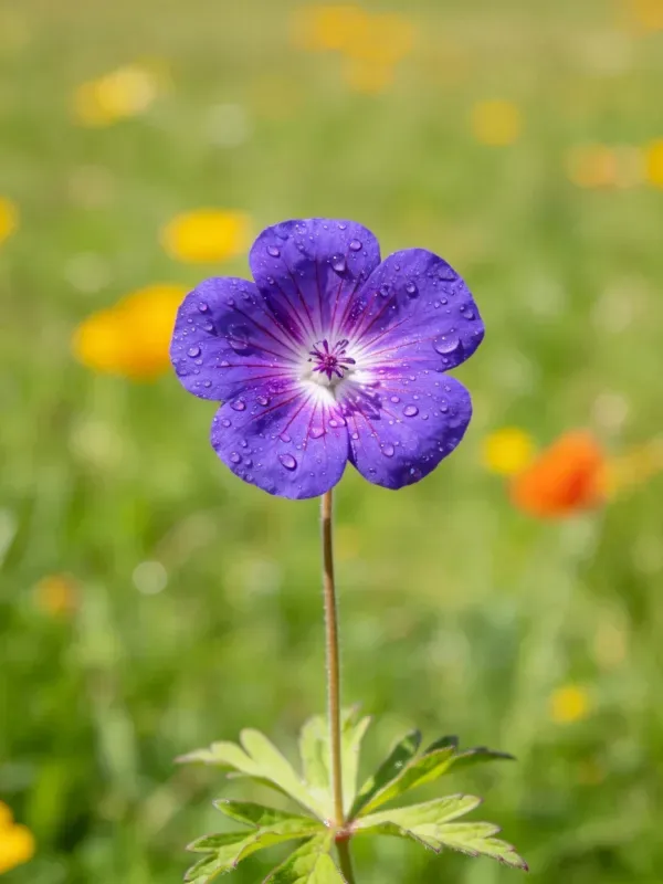 野老鹳草的紫色花瓣上有透明水珠，花瓣呈五瓣结构，花茎细长。