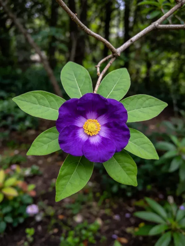 紫色木槿花与绿叶特写