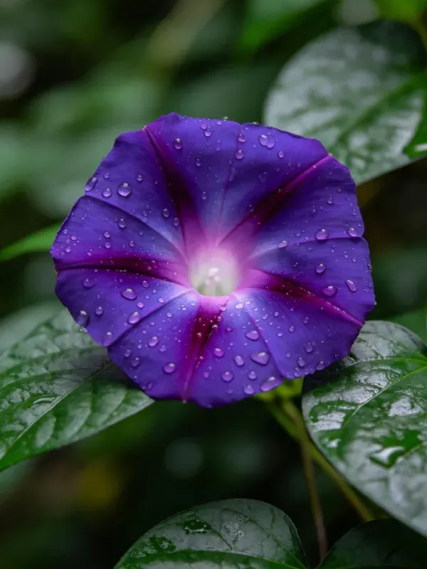 青紫色牵牛花花瓣上有透明水珠,周围环绕着绿色叶片。