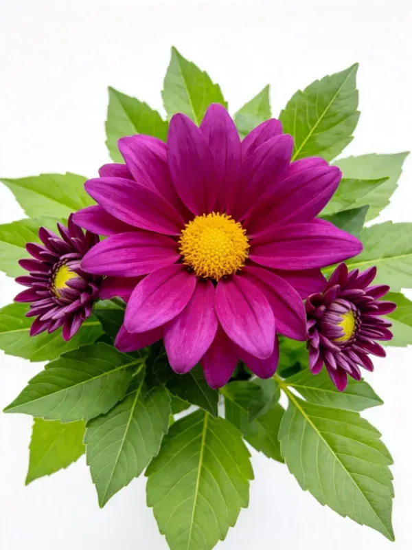 大丽花花朵呈现出紫红色花瓣，中心是明亮的黄色花蕊，周围环绕着深紫色小型花朵与绿色叶片。