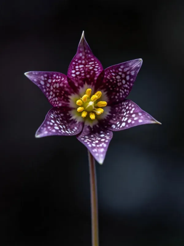 星点紫花绽放瞬间,紫色花瓣带有白色斑点,黄色雄蕊聚集在中心位置。