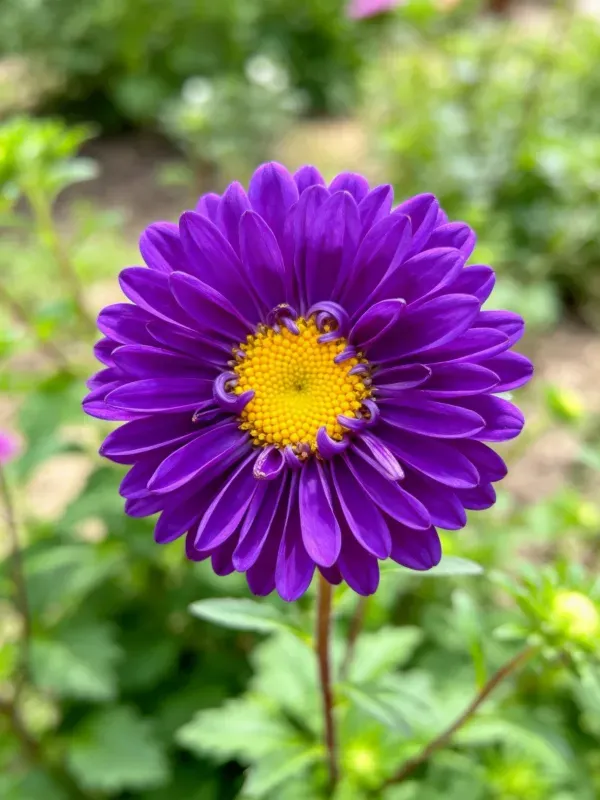 紫苑花朵有着深紫色花瓣和黄色花盘,花瓣表面有轻微蜡质质感。