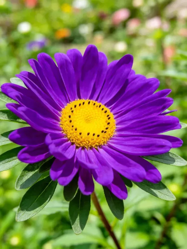 紫菀花的花卉特写镜头,展示紫色花瓣与黄色花盘的细节,花瓣呈椭圆形状且边缘舒展。