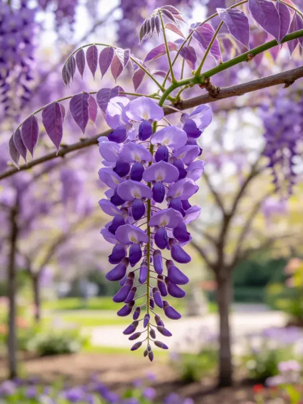紫藤花呈现出深浅不同的紫色花瓣,花瓣表面有细腻的蜡质质感,呈下垂状排列悬挂于枝桠间。
