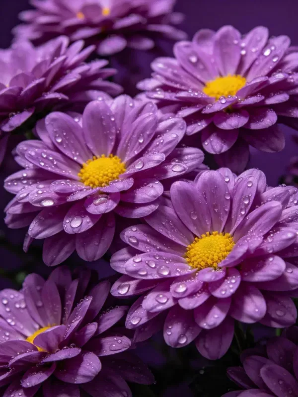 紫菊花上布满晶莹的水珠，花瓣呈现出浓郁的紫色，中心是明亮的黄色花蕊。