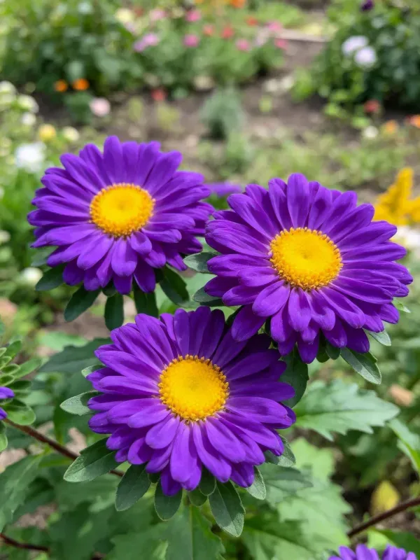 露天花园中紫色紫菀花开场景
