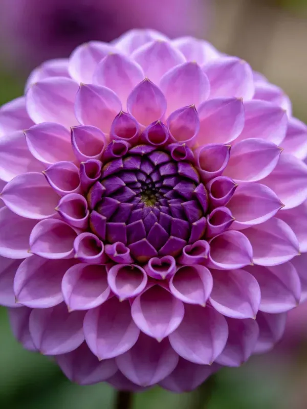 紫色大丽花的多层花瓣呈现出精致的对称结构,花瓣边缘清晰且表面有细腻的光泽。