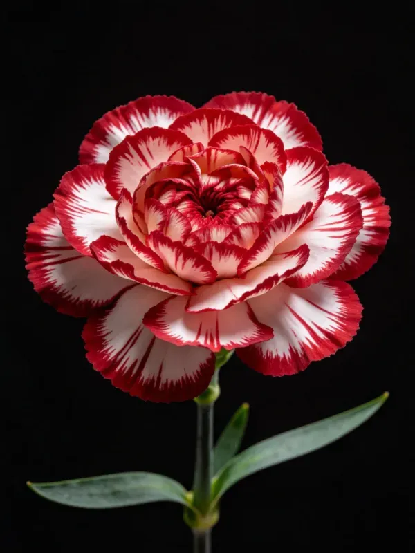 香石竹花朵呈现红白相间的渐变色彩,花瓣边缘带有深红色纹路,叶片修长翠绿。