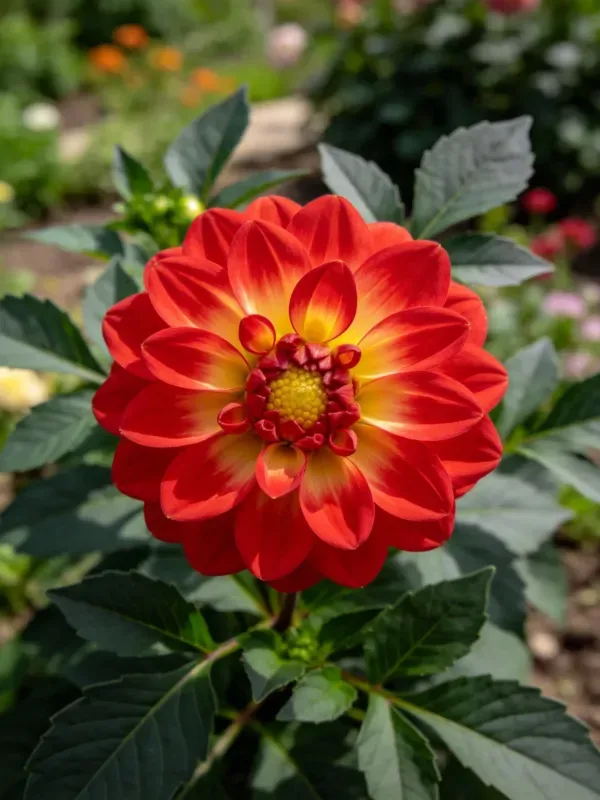 花园中一朵红黄渐变的大丽花,花瓣饱满,中心黄色的花蕊清晰可见。