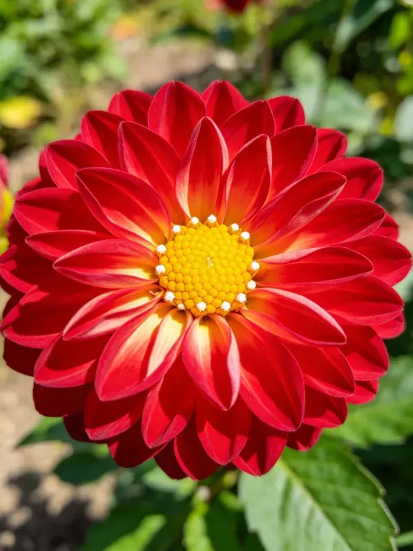 花园中红色大丽花,中心为明黄色花盘,花瓣呈红色渐变效果。
