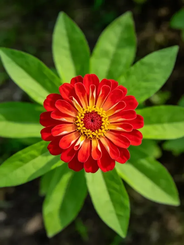 百日菊的花瓣呈现红橙色渐变,中心黄色雄蕊清晰,周围绿叶舒展排列。