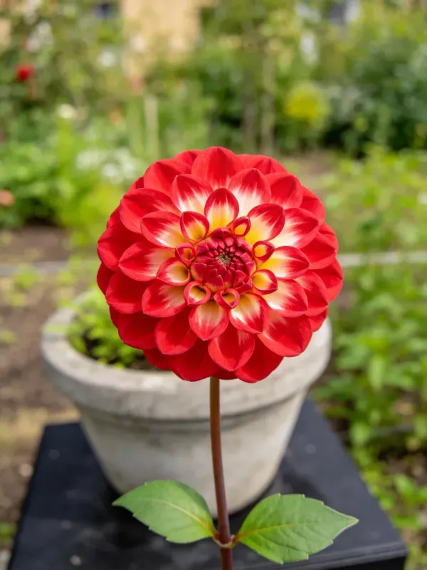 花园中红黄相间的大丽花特写