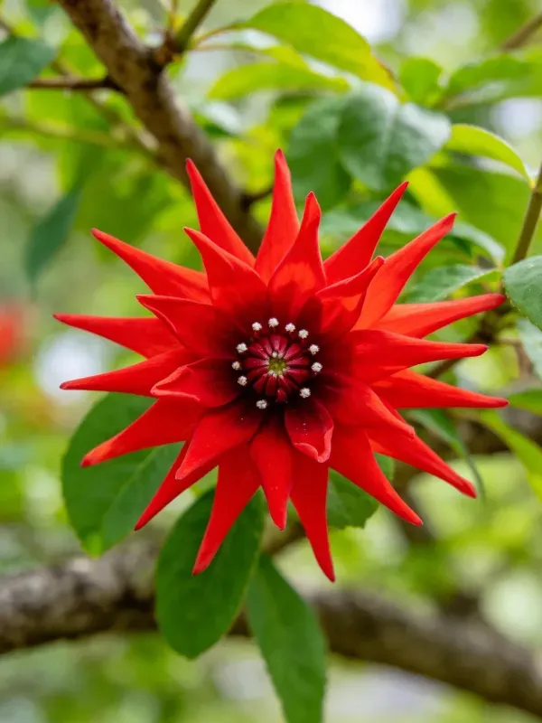 星形红花生长在树枝上,花瓣呈放射状且为鲜艳红色,中心有白色花蕊。