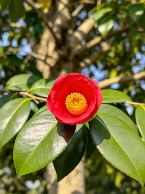 山茶花绽放于翠绿叶片之间,花瓣呈鲜艳红色,中心为明黄色花蕊区域。
