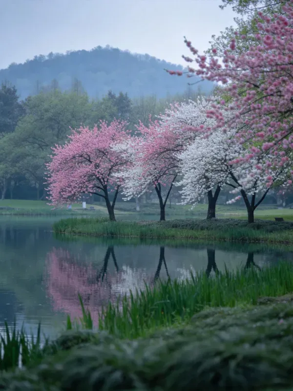 樱花的花枝向水面垂落,粉色与白色花朵清晰倒映在水面上,展现出春日水景的独特美感。