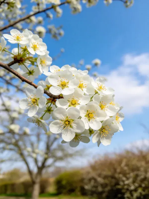 樱花特写画面中，洁白花瓣带有淡黄花蕊，花瓣边缘微微卷曲，在晴朗蓝天背景下显得格外清新。