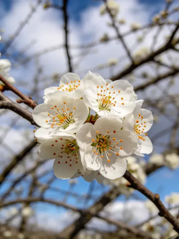 李花在蓝天背景下绽放,洁白花瓣与橙黄色花蕊清晰可见。