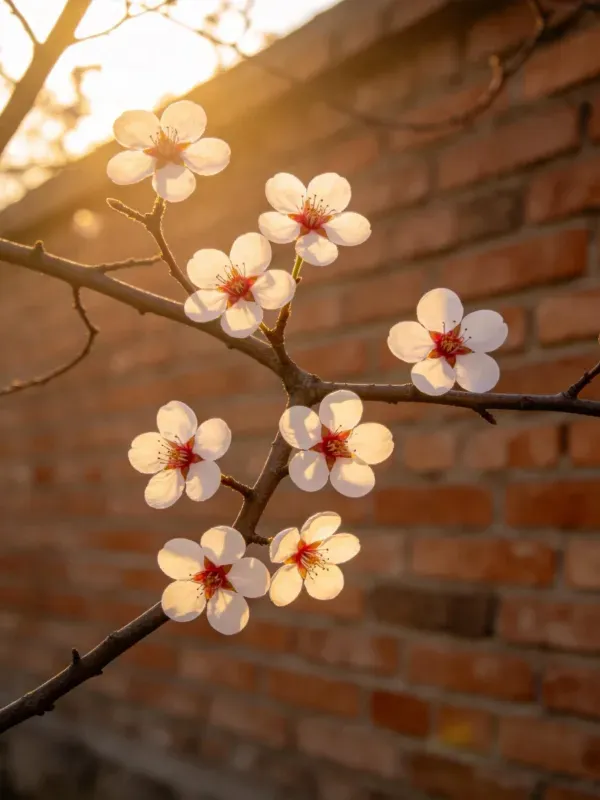 阳光下砖墙前的桃花特写