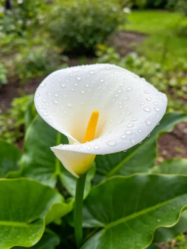 雨后花园中带露的马蹄莲花