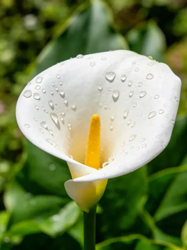 马蹄莲花瓣上布满了清澈的水珠,黄色的花蕊清晰可见,展现之美。