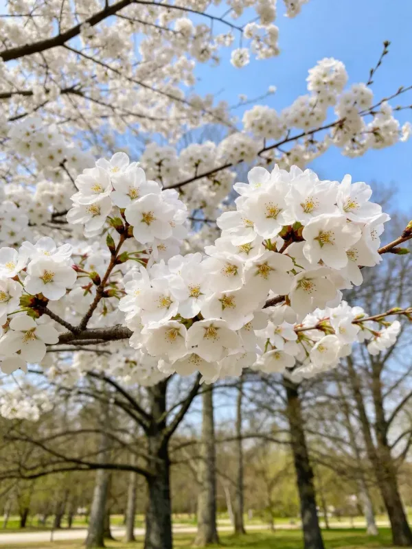 樱花花瓣洁白无瑕,在阳光下呈现出细腻的纹理,生长在深褐色枝条上,背景是开阔的蓝天和树木。