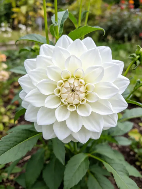 大丽花开着洁白层叠的花瓣,花瓣表面光滑有蜡质质感,中心是淡黄色花蕊部分。