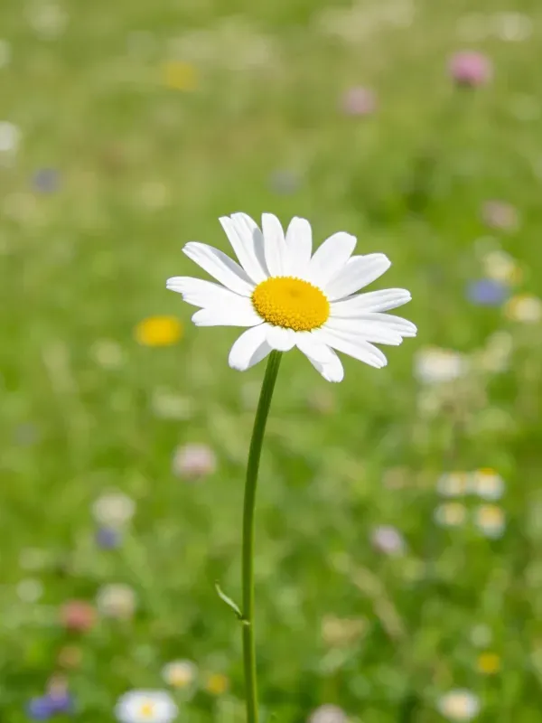 雏菊有着白色花瓣和黄色花蕊，花瓣边缘微微卷曲，处于草地环境中。