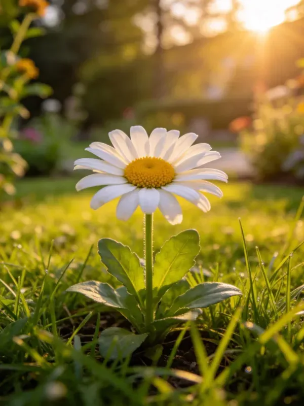 雏菊花瓣洁白,花蕊金黄,生长在露天花园的草地上,夕阳光线照亮了整个场景。
