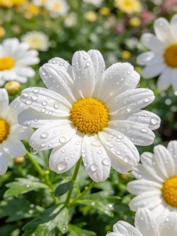 雏菊花瓣上布满清澈水珠,黄色花蕊与白色花瓣形成鲜明对比。