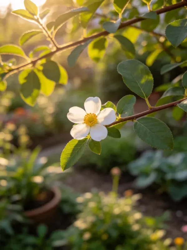 蔷薇花的花瓣洁白无瑕，花蕊呈明亮的金黄色，生长在带有绿叶的枝条上，阳光照射下尽显格外清新美丽。