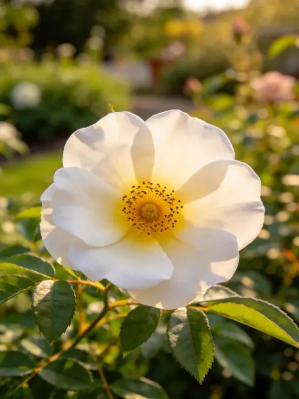 白蔷薇花瓣呈纯净乳白色,中心黄色花蕊清晰可见,周围环绕着翠绿的叶片,展现出之美。
