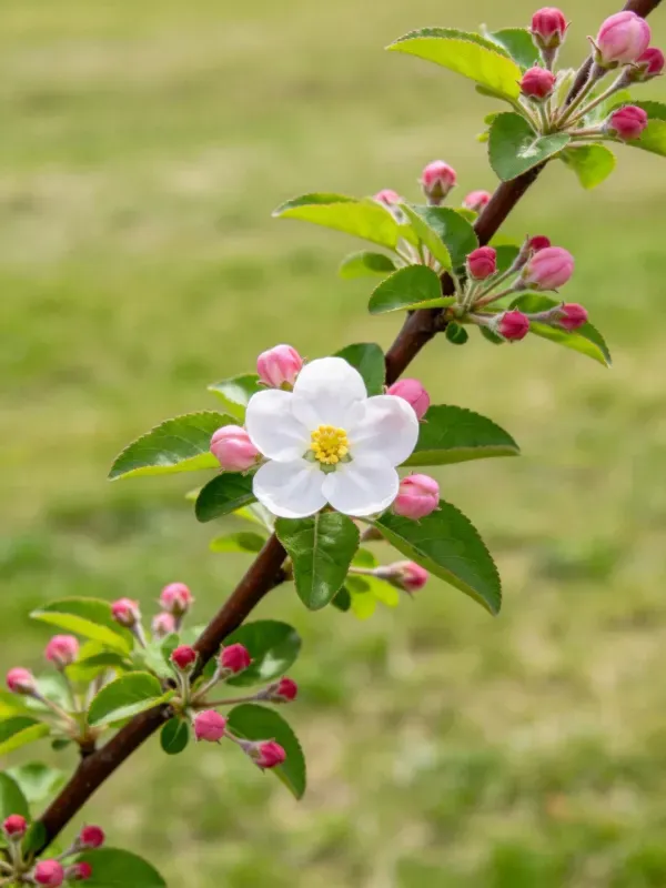 苹花花绽放着,白色的花瓣上清晰可见黄色的花蕊,花瓣质地柔软洁白。
