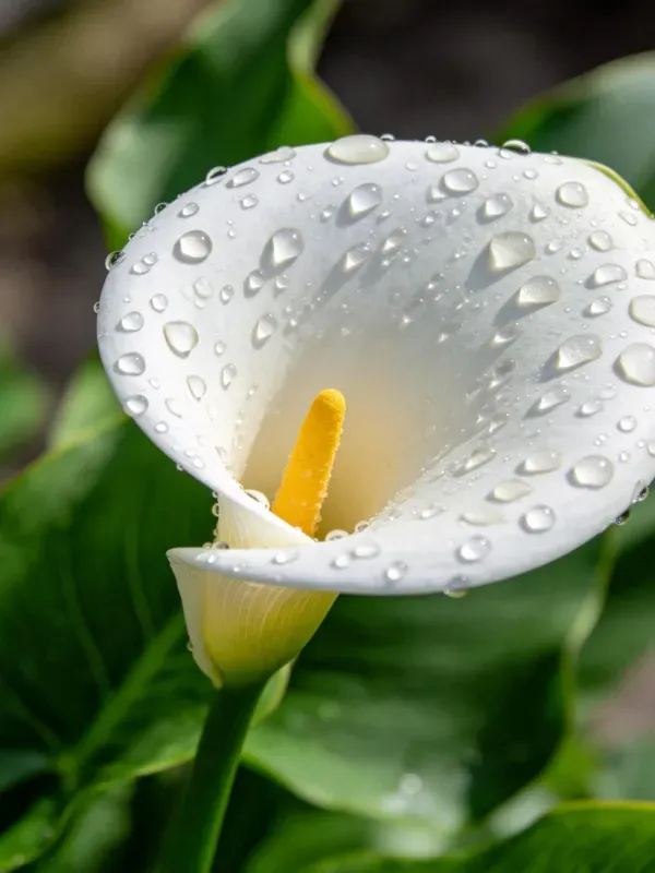 马蹄莲花瓣上布满清澈水珠,明黄色花蕊与白色花被形成鲜明对比。