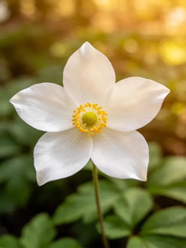 木银莲花的花瓣为纯净白色，中心黄色花蕊清晰可见，花瓣边缘微微卷曲。